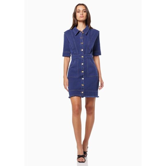ELLIATT Moulten Demin Mini Dress in Indigo Birthday Brunch Dress size S NWT$290 - Picture 2 of 10
